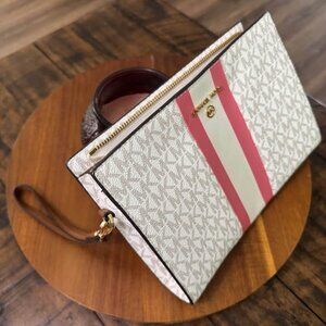 Michael Kors Jet Set Travel Wristlet Clutch MK Logo Pink Stripe Zip Wallet